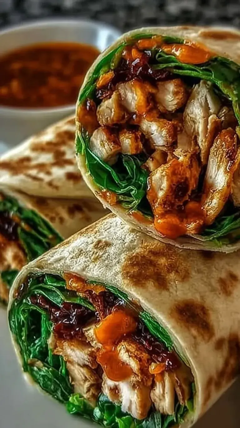 A vibrant sweet chili chicken wrap filled with glazed chicken strips, julienned carrots, and fresh cucumbers on a white plate.