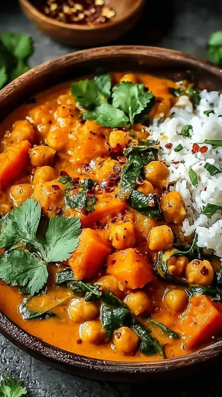 A steaming bowl of yellow sweet potato and chickpea curry topped with fresh cilantro