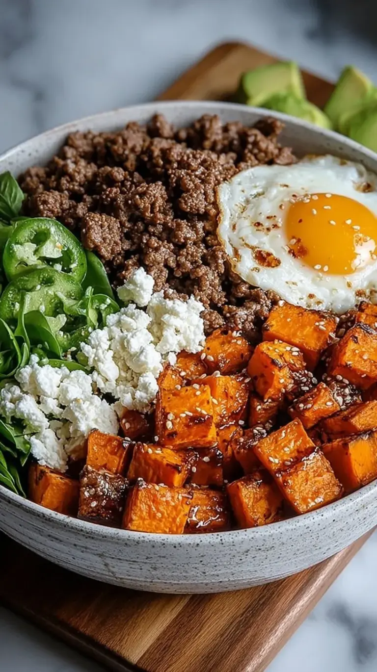 A colorful Sweet Potato Beef Bowl topped with cottage cheese and a drizzle of hot honey on a white plate.