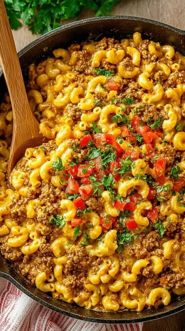 A large bowl of creamy taco mac and cheese topped with fresh diced tomatoes and sliced green jalapeños.