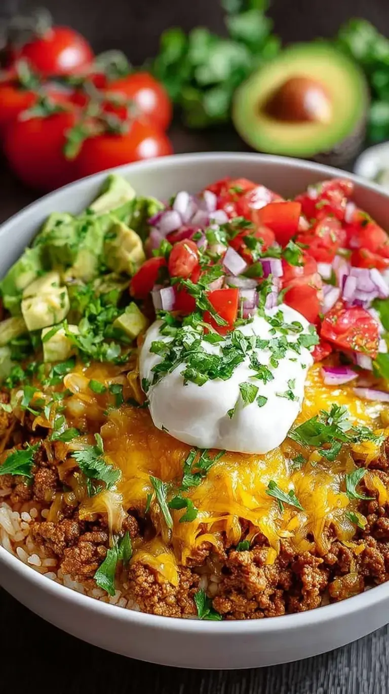 A colorful taco rice bowl topped with seasoned beef, lettuce, cheese, and salsa
