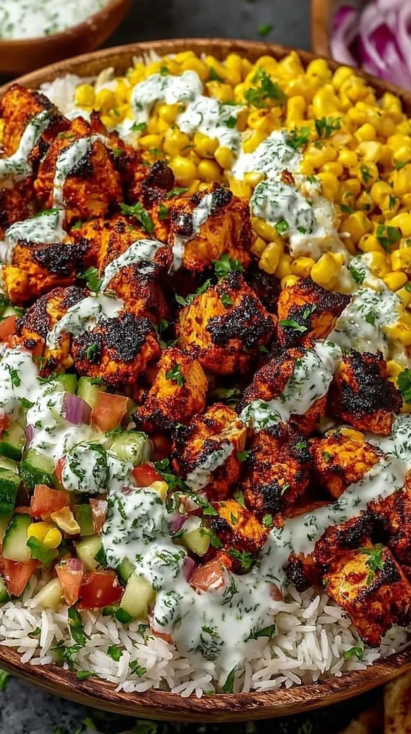 A colorful Street Corn Chicken Bowl with grilled chicken, cilantro lime rice, and cotija cheese.