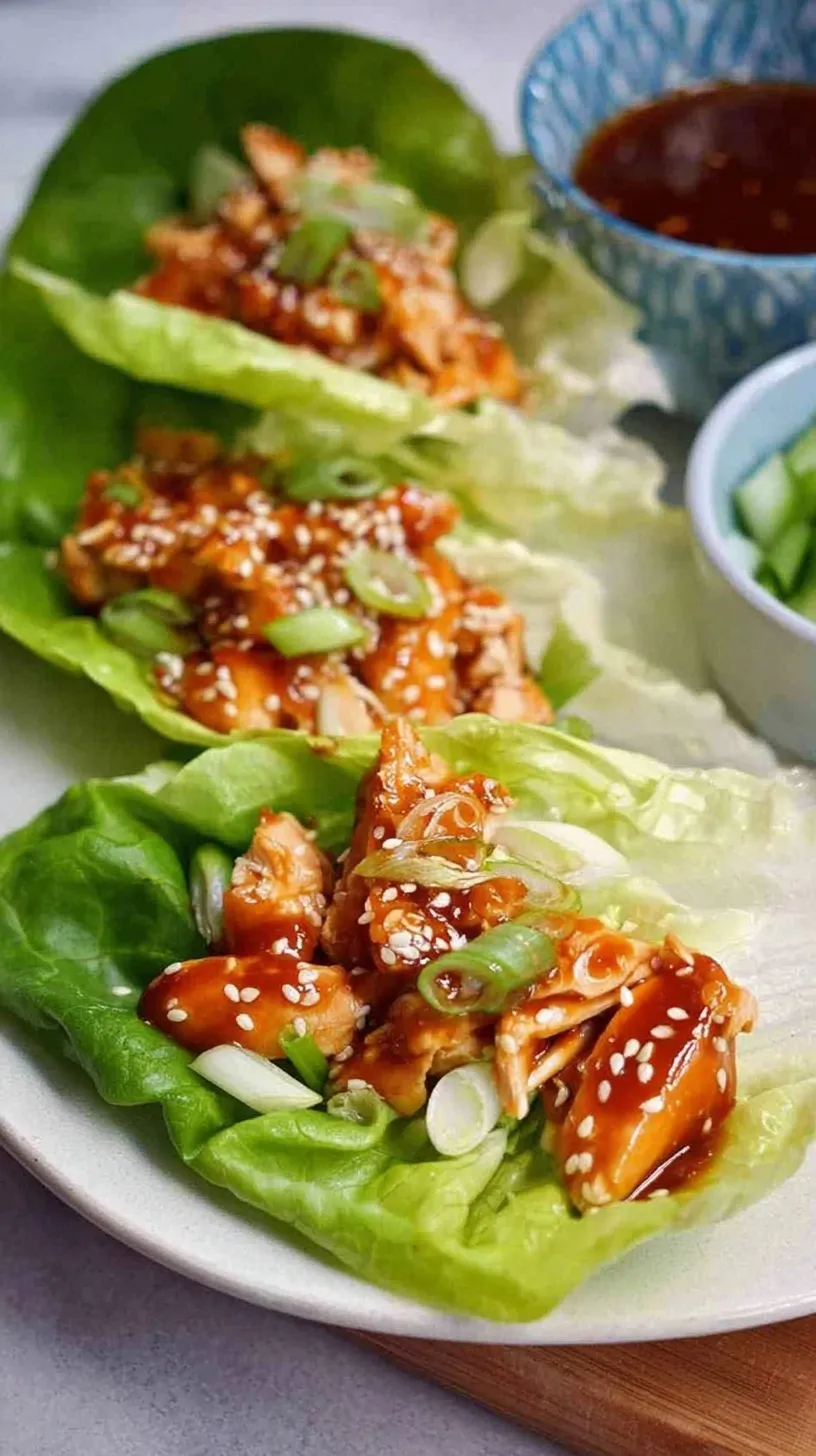 A platter of fresh butter lettuce leaves filled with savory teriyaki ground chicken and topped with green onions and sesame seeds.