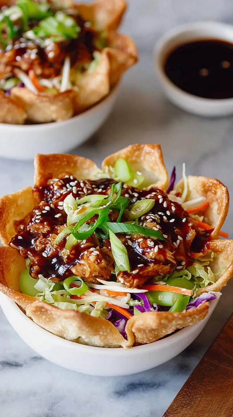 Crispy wonton taco bowls filled with teriyaki chicken and fresh coleslaw on a serving platter
