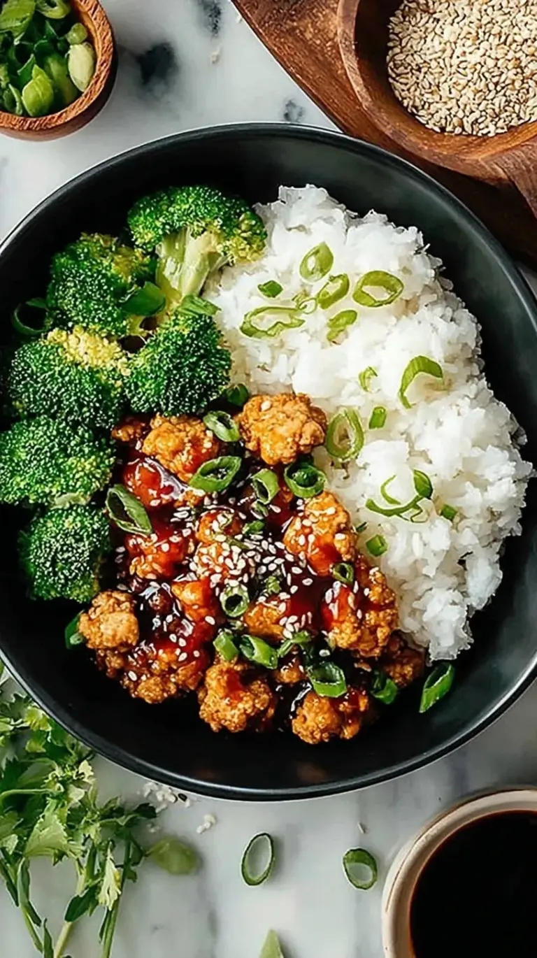 A colorful teriyaki ground turkey bowl with steamed broccoli, jasmine rice, green onions, and sesame seeds in a white ceramic bowl.