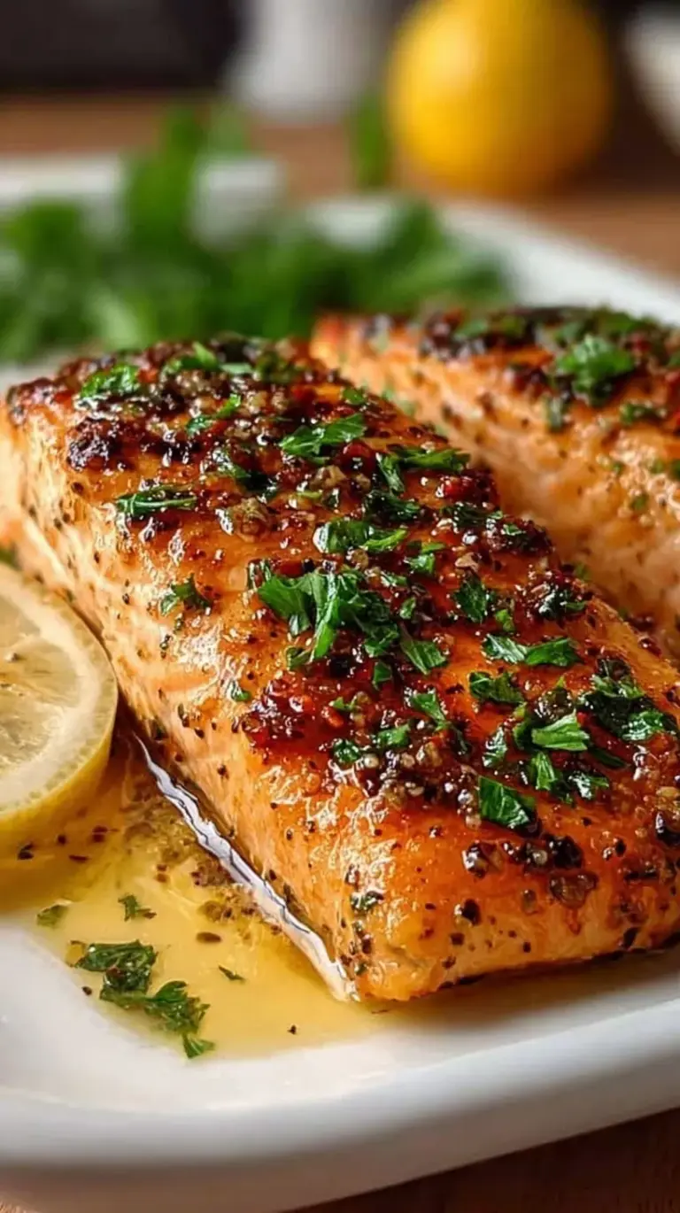Grilled salmon fillet with a caramelized spice rub and lemon pepper butter.