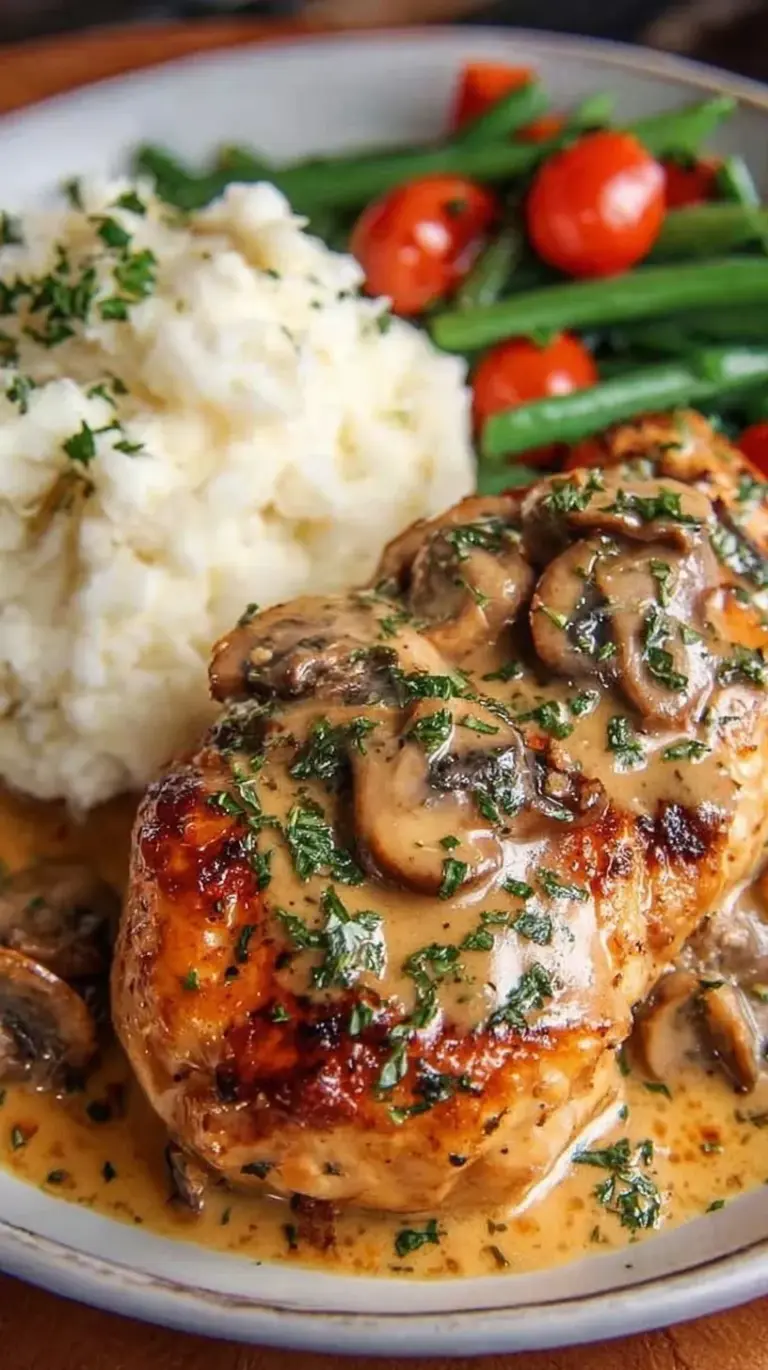 Grilled chicken breast topped with sautéed mushrooms, onions, and melted Monterey Jack cheese in a skillet