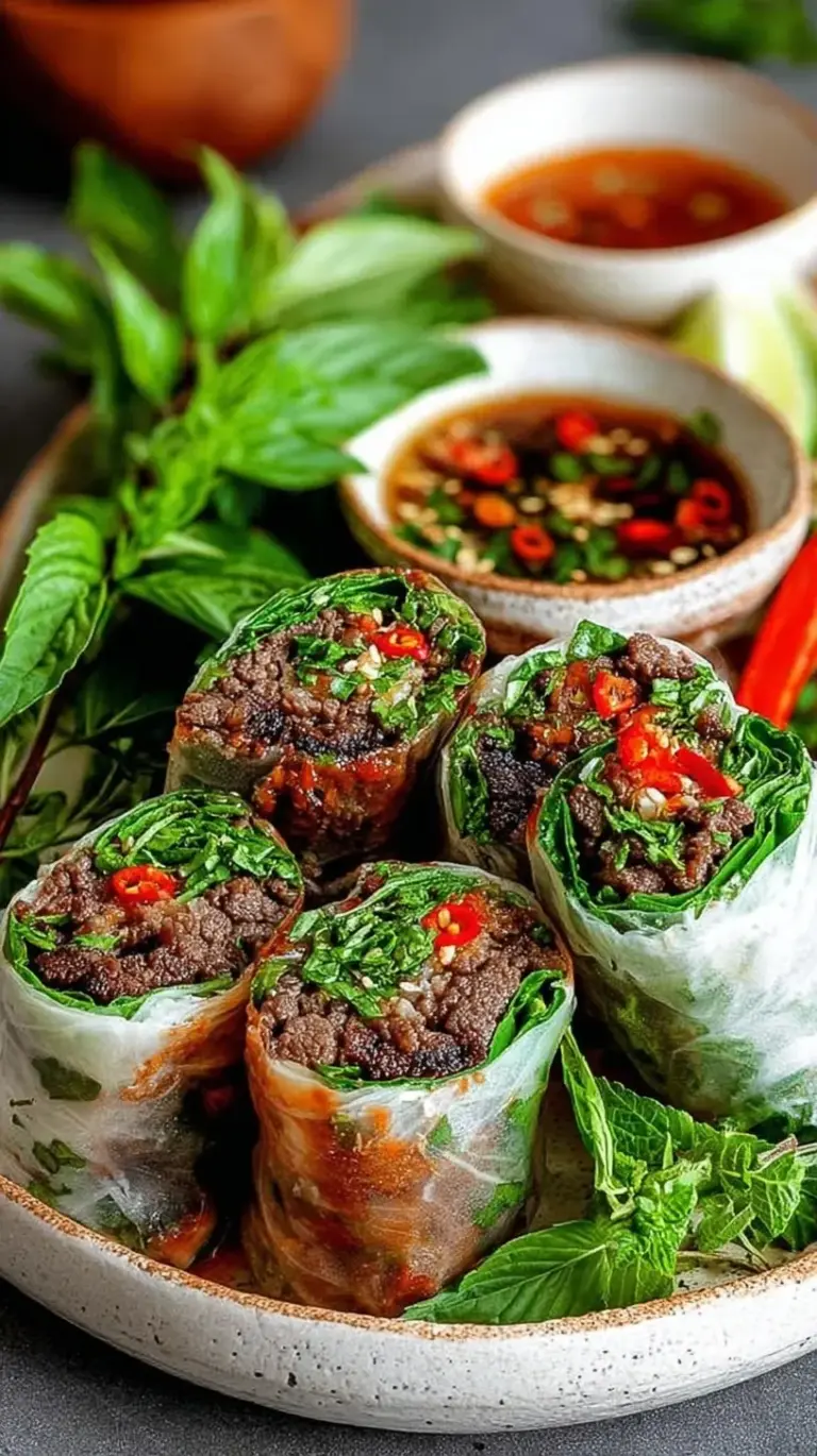 Sizzling Thai Basil Beef Rolls in a skillet with a glossy brown glaze and fresh red peppers.