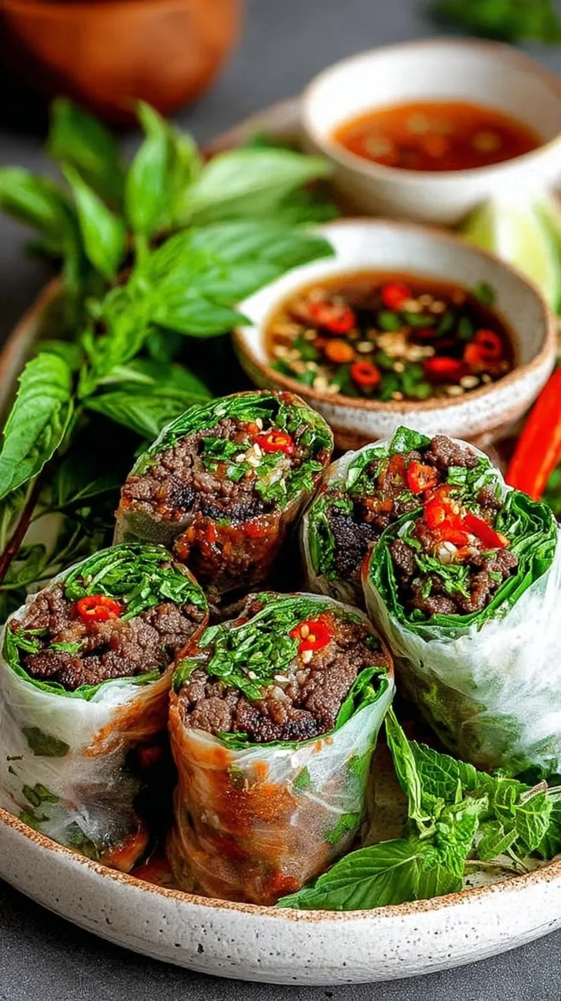 Sizzling Thai Basil Beef Rolls in a skillet with a glossy brown glaze and fresh red peppers.