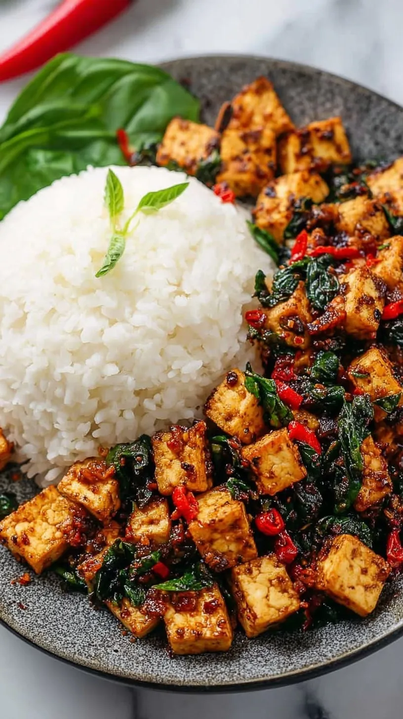 A plate of golden seared Thai Basil Tofu with fresh green basil leaves and red chilies.