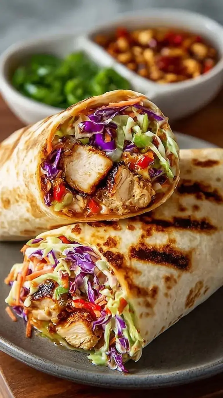 A sliced Thai Chicken Wrap showing colorful cabbage slaw and shredded chicken with peanut sauce.