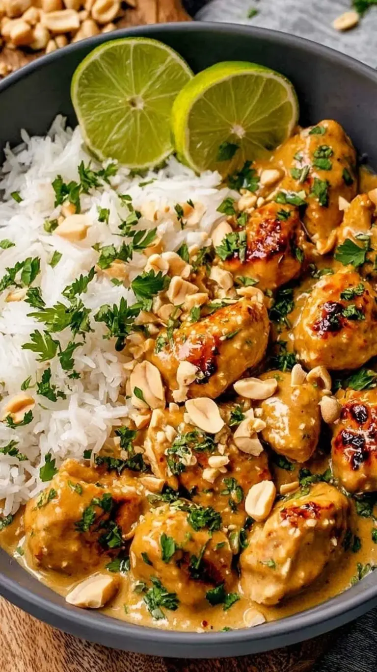 A vibrant bowl of Thai Peanut Chicken with red peppers, cilantro, and crushed peanuts over rice.