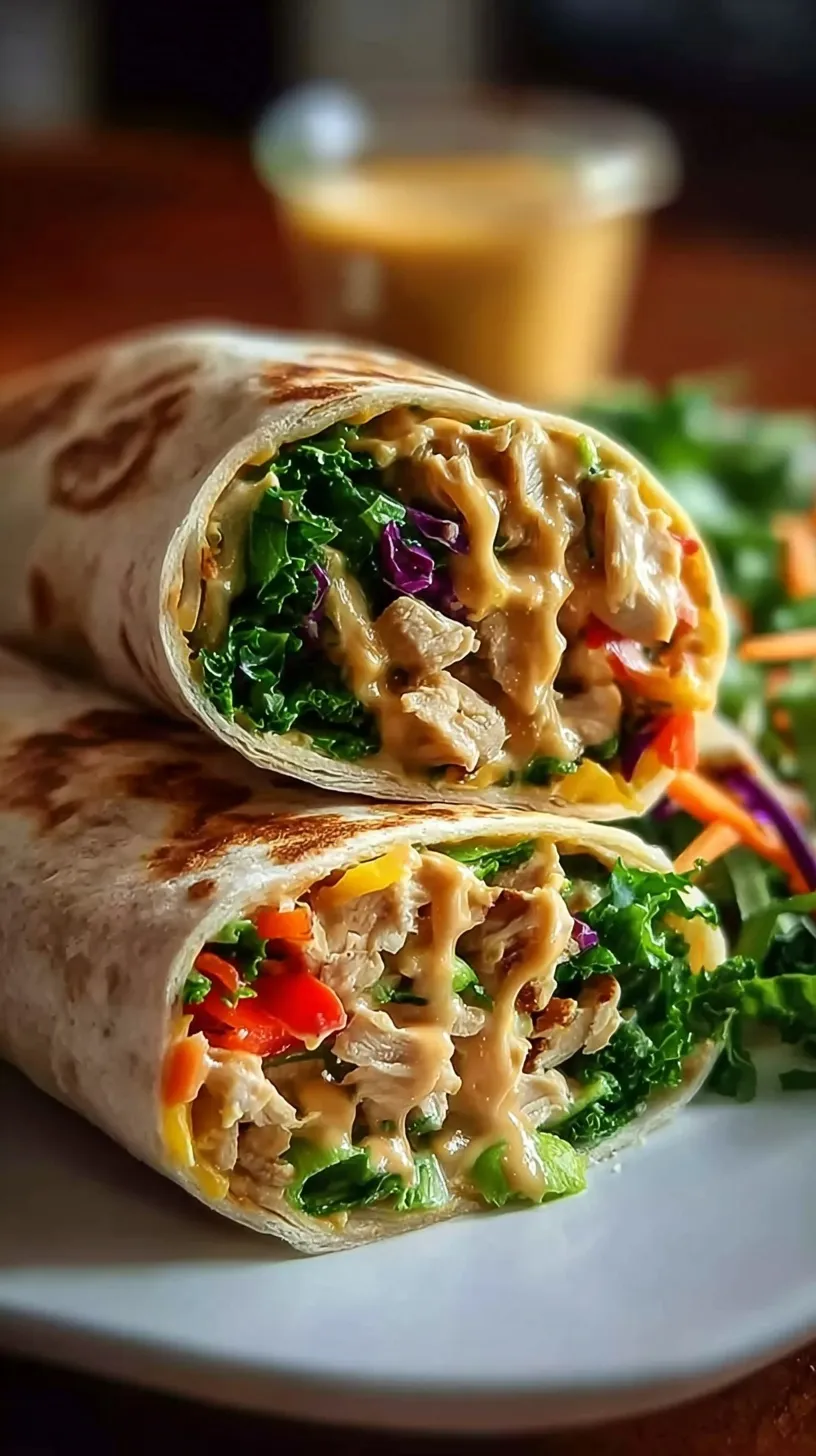 Colorful Thai Peanut Chicken Wraps sliced diagonally on a platter with fresh lime wedges