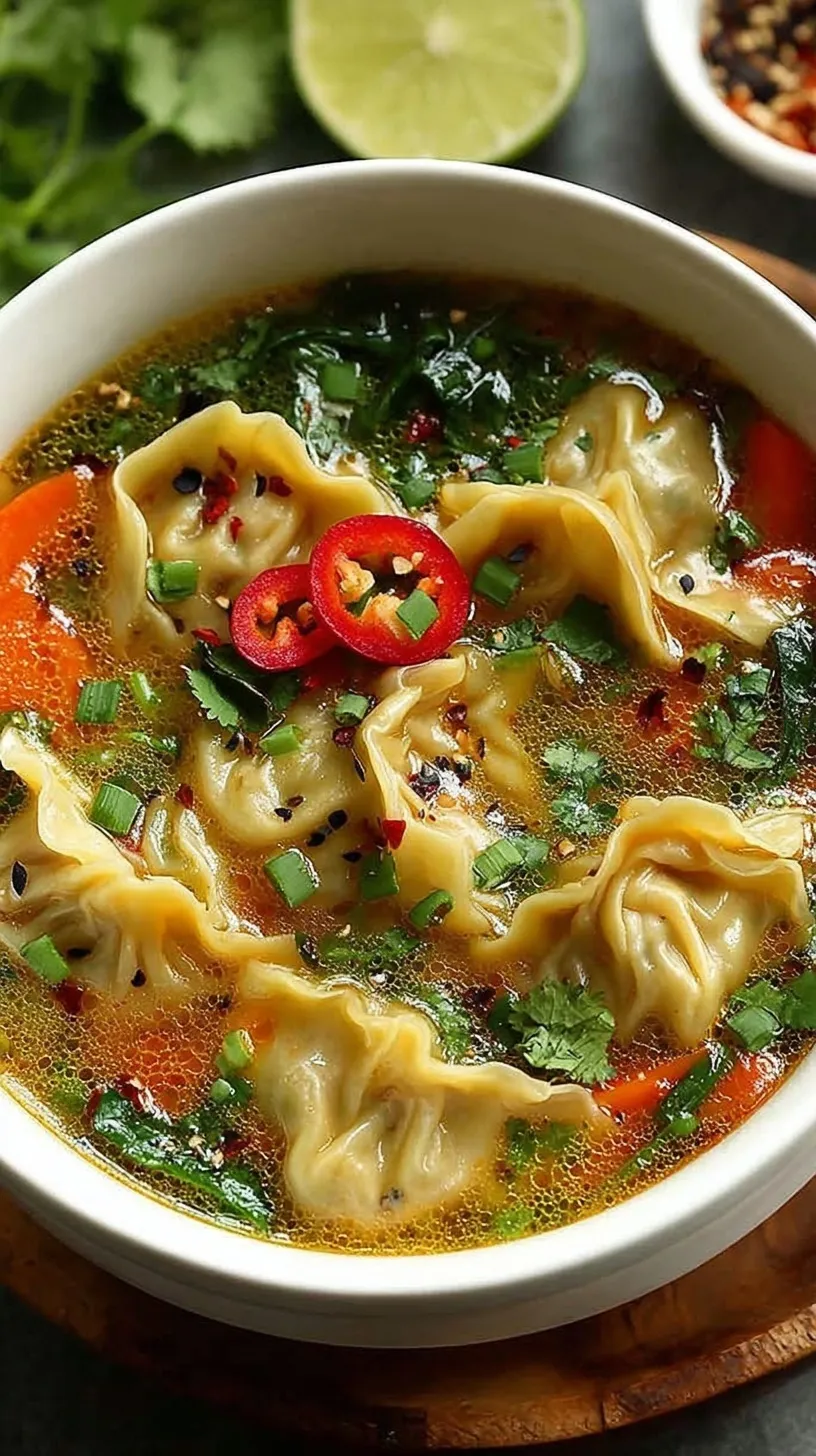 A steaming bowl of Thai potsticker soup with chicken, baby bok choy, and fresh cilantro garnish.