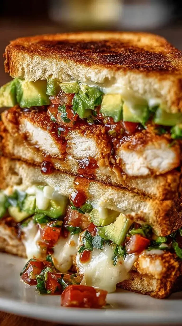A toasted sourdough sandwich with grilled chicken, melted provolone, crispy bacon, and thick layers of mashed avocado.
