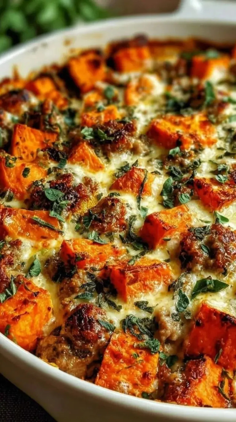 A colorful turkey sweet potato bake in a glass dish topped with melted cheese and fresh cilantro