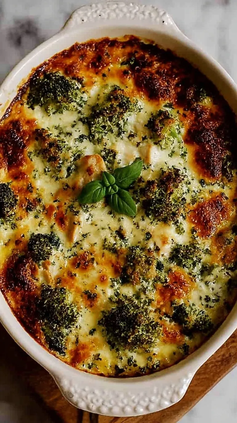 Golden bubbly mozzarella cheese over chicken and broccoli in a creamy sun-dried tomato sauce.