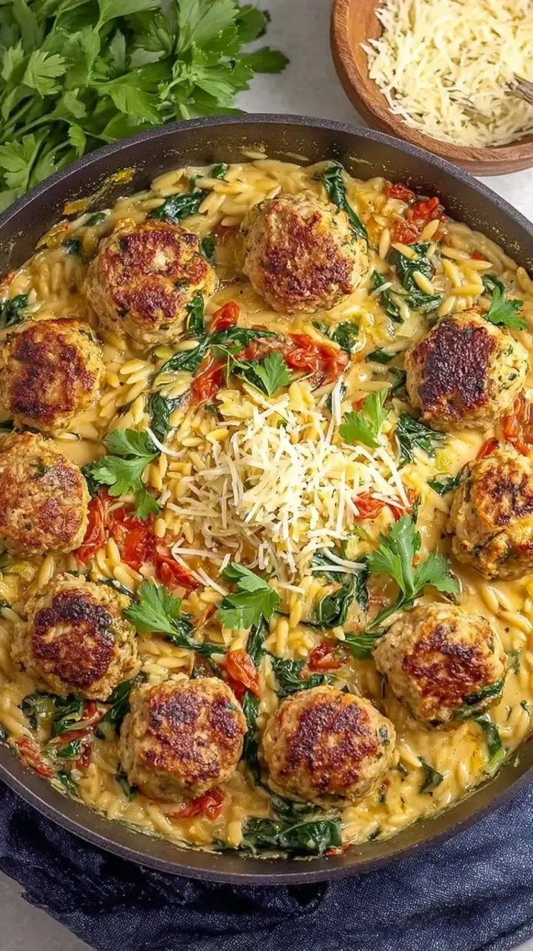 A skillet of golden chicken meatballs and creamy orzo with spinach and sun-dried tomatoes.