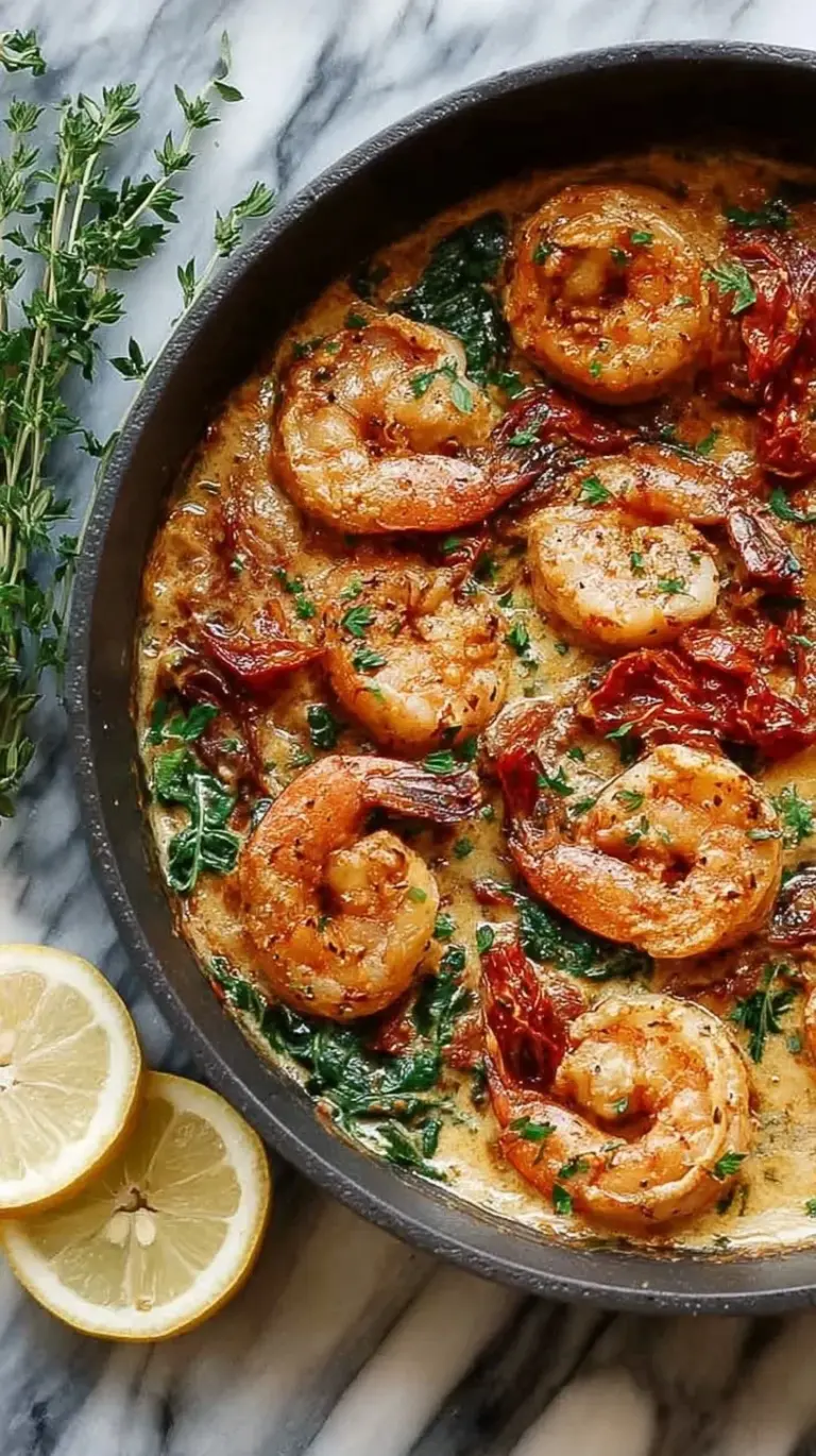 A skillet filled with succulent pink shrimp in a creamy white sauce with red sun-dried tomatoes and green spinach.
