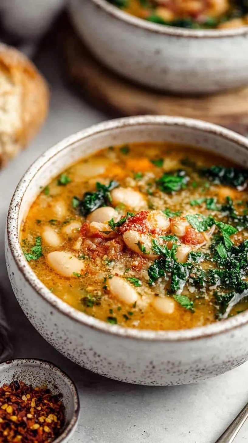 A steaming bowl of Tuscan White Bean Soup topped with grated Parmesan and fresh herbs.