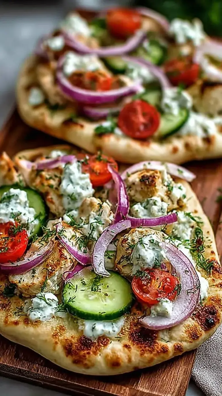 Two Mediterranean naan pizzas topped with chicken, tzatziki, tomatoes, and fresh herbs on a baking sheet.