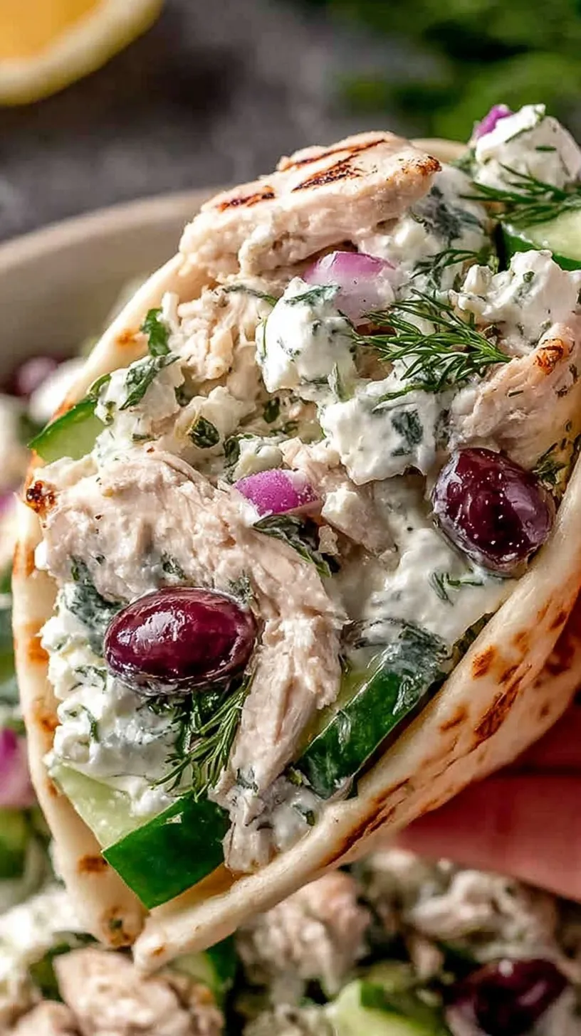A bowl of creamy Tzatziki Chicken Salad with fresh dill and cucumber slices