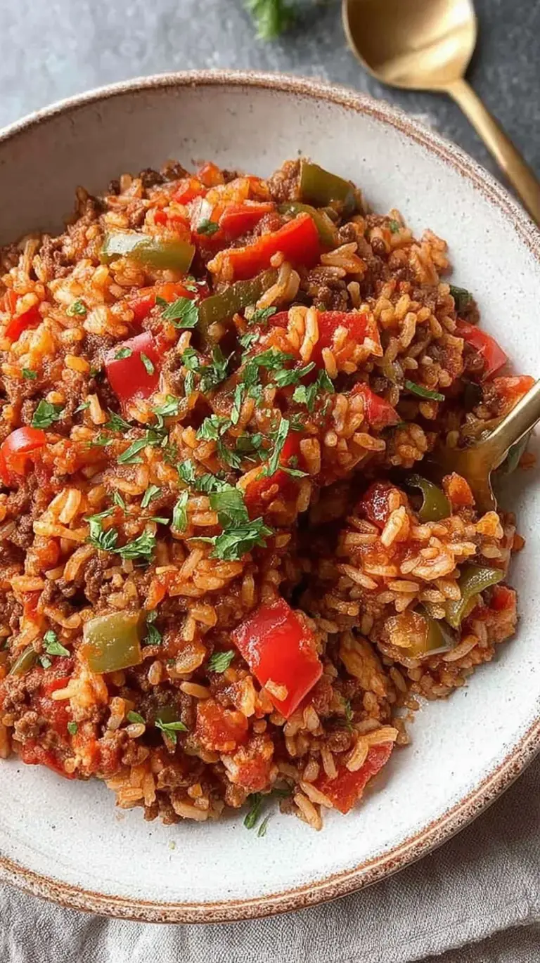 A colorful skillet filled with ground beef, rice, and chopped bell peppers topped with melted cheese.