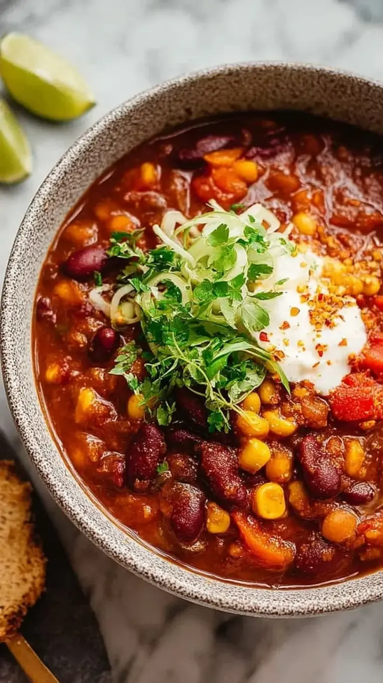 A steaming bowl of vegetarian 3 bean chili topped with fresh herbs and avocado.