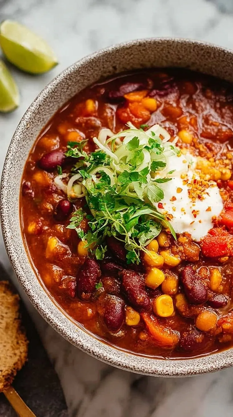 A steaming bowl of vegetarian 3 bean chili topped with fresh herbs and avocado.