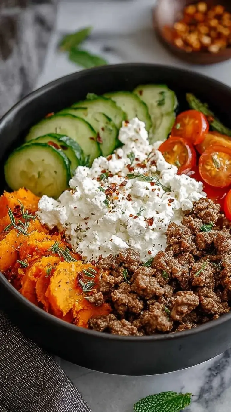 A colorful bowl featuring roasted sweet potato cubes, seasoned ground beef, and a scoop of creamy cottage cheese with green onions.