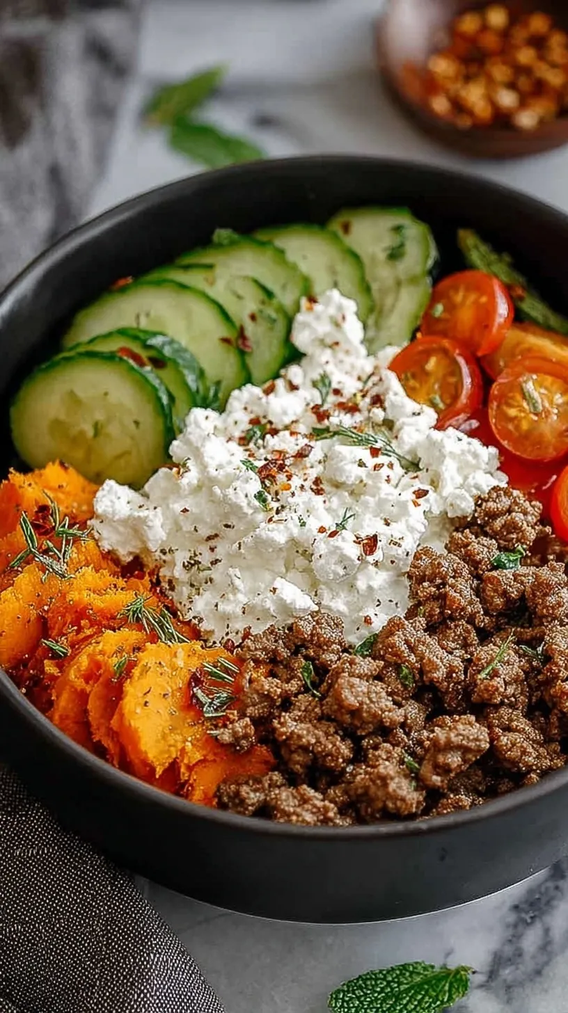 A colorful bowl featuring roasted sweet potato cubes, seasoned ground beef, and a scoop of creamy cottage cheese with green onions.