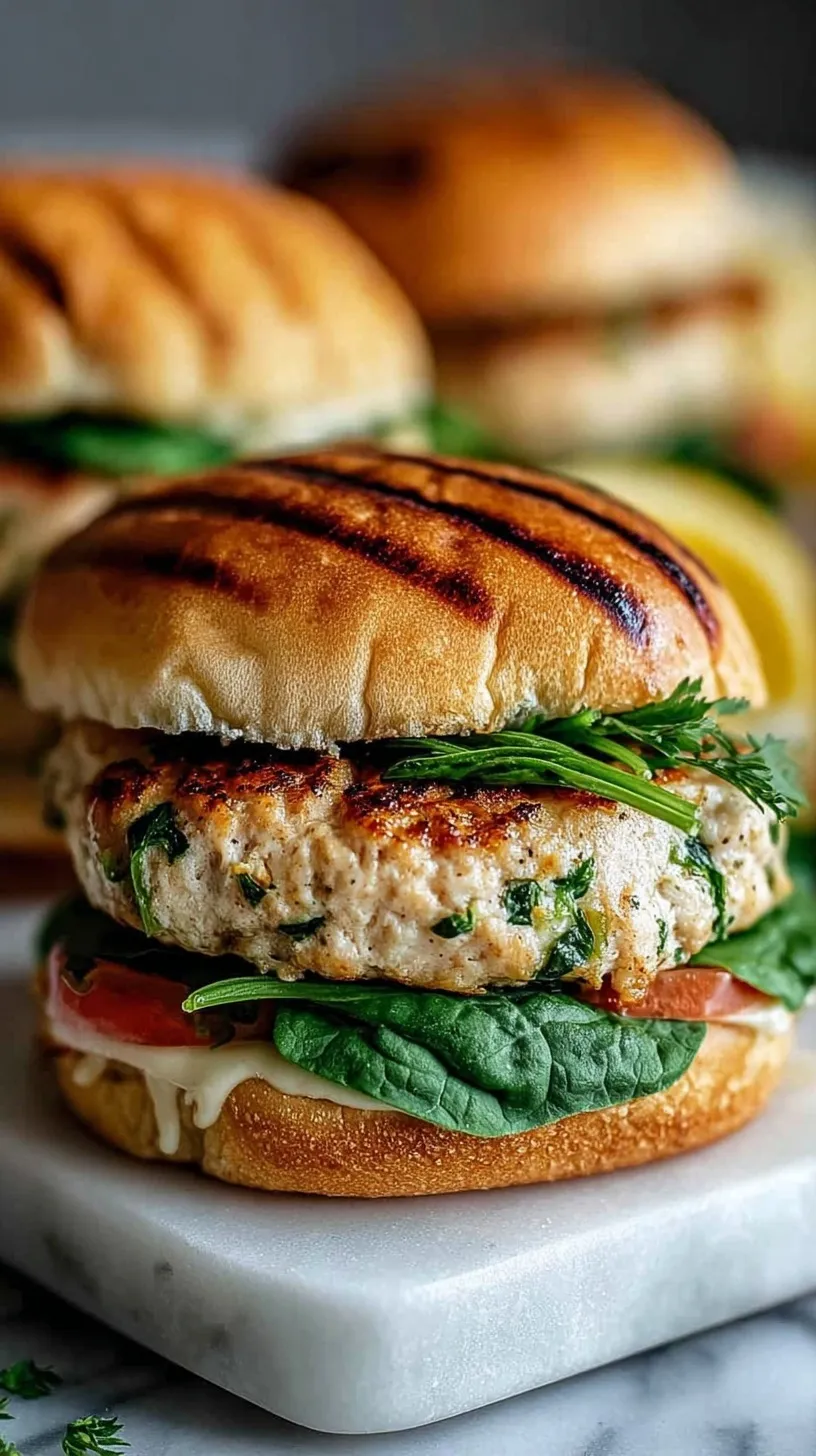 Juicy chicken burger with melted white cheddar and green spinach on a toasted brioche bun