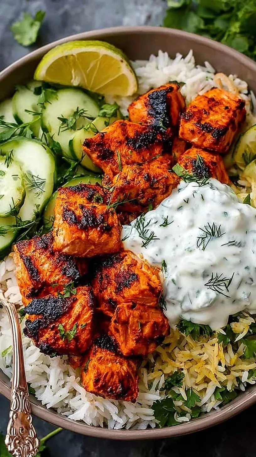 Colorful Tandoori Salmon Rice Bowls with diced cucumber, red onion, and fresh cilantro