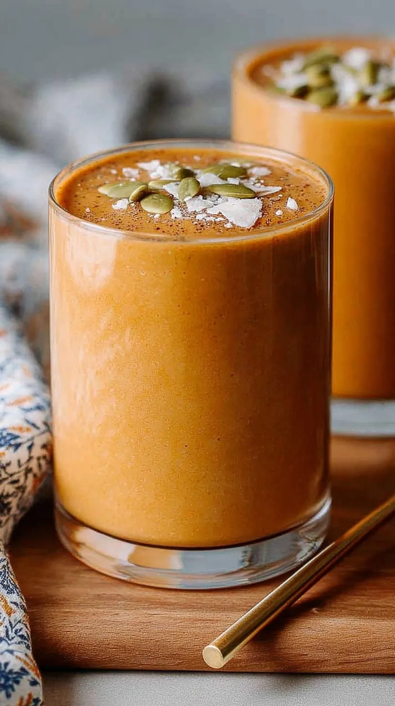 A creamy orange pumpkin smoothie in a glass topped with a dash of pumpkin spice.