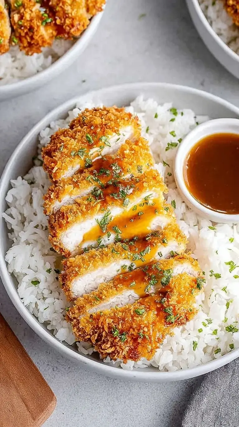 Golden brown crispy Air Fryer Chicken Katsu sliced on a plate with rice and cabbage.