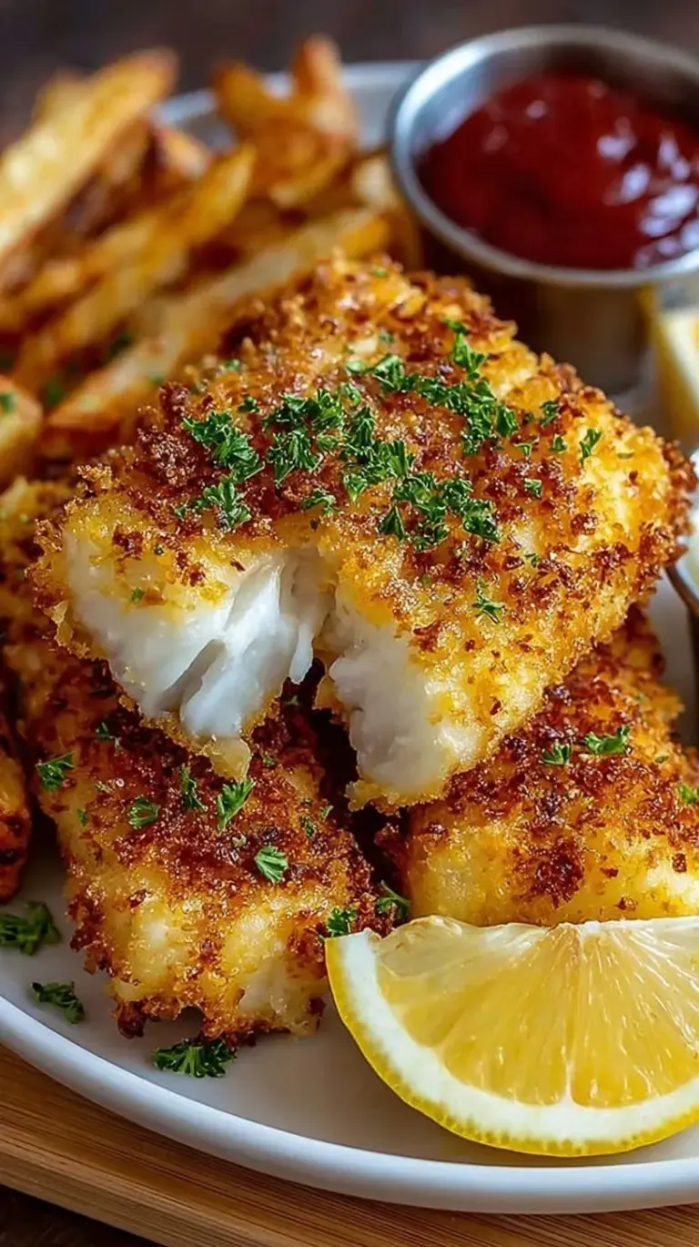 Golden brown panko-crusted fish fillets served with crispy potato wedges and lemon slices.