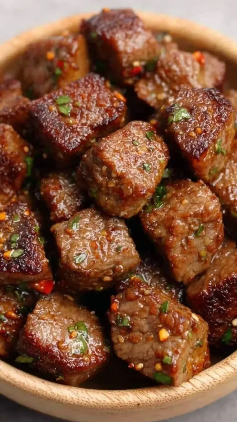 Golden brown Air Fryer Steak Bites garnished with fresh parsley in a bowl