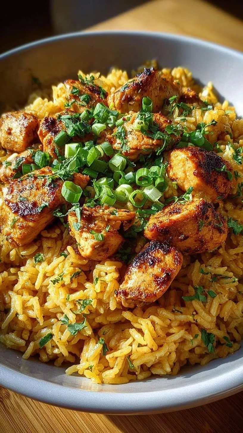 A steaming bowl of High Protein Garlic Chicken Rice topped with fresh green parsley.