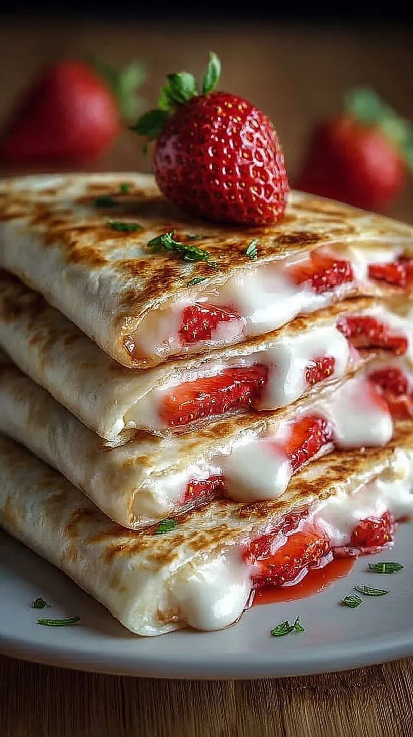 Golden brown strawberry cream cheese quesadillas sprinkled with cinnamon sugar on a white plate.