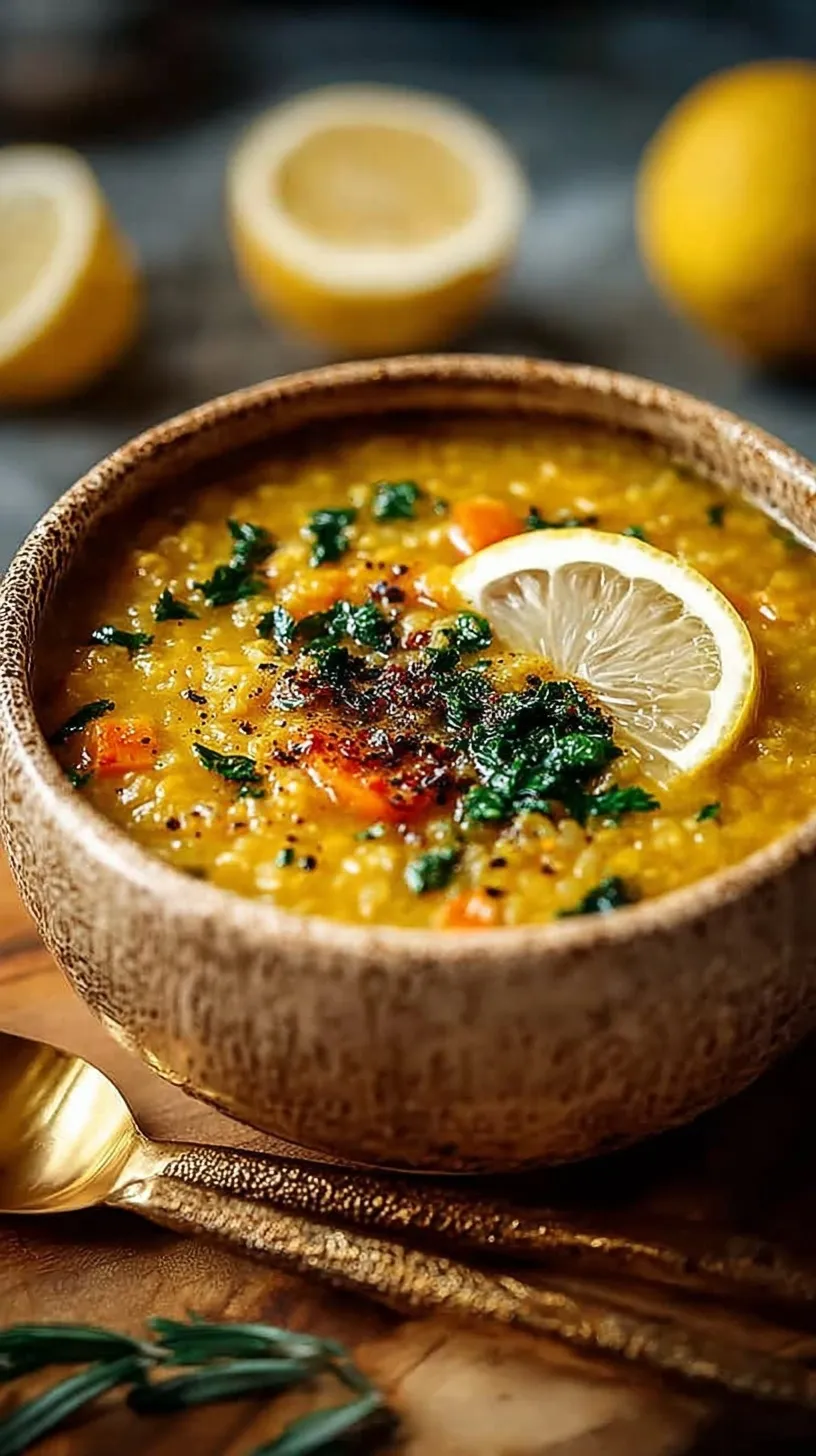 A vibrant bowl of golden lentil soup garnished with lemon zest and fresh spinach.