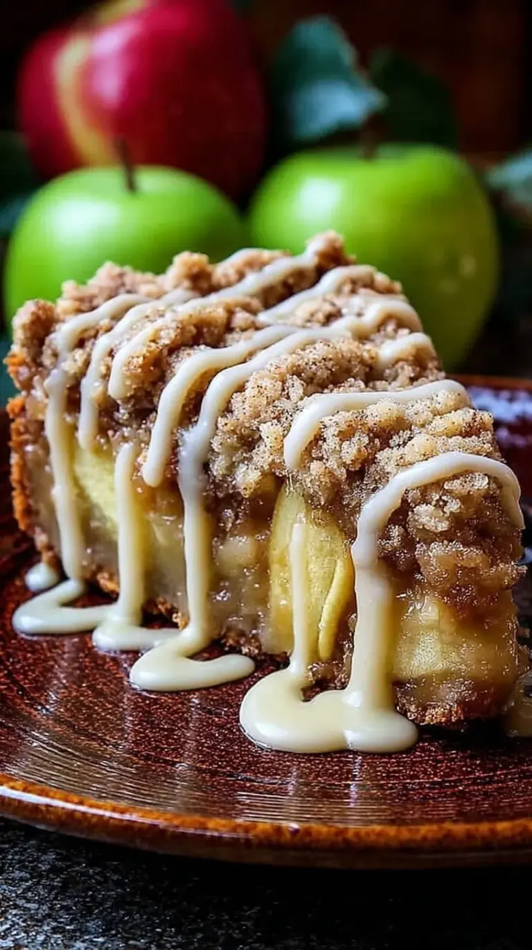 A golden brown apple crumb cake topped with a spiced glaze and sliced apples.