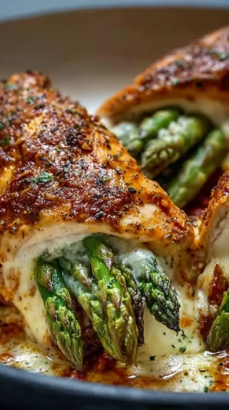 Golden pan-seared chicken breasts stuffed with green asparagus spears and melted provolone cheese in a skillet.