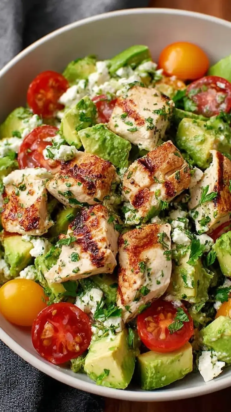 A bowl of creamy avocado chicken salad with fresh cilantro and red onion.