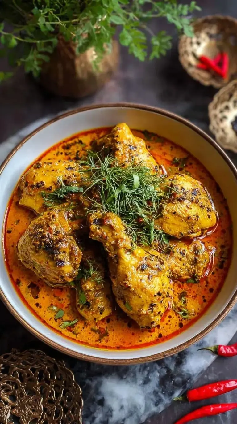 A bowl of creamy Badami Chicken Curry garnished with fried onions and fresh cilantro