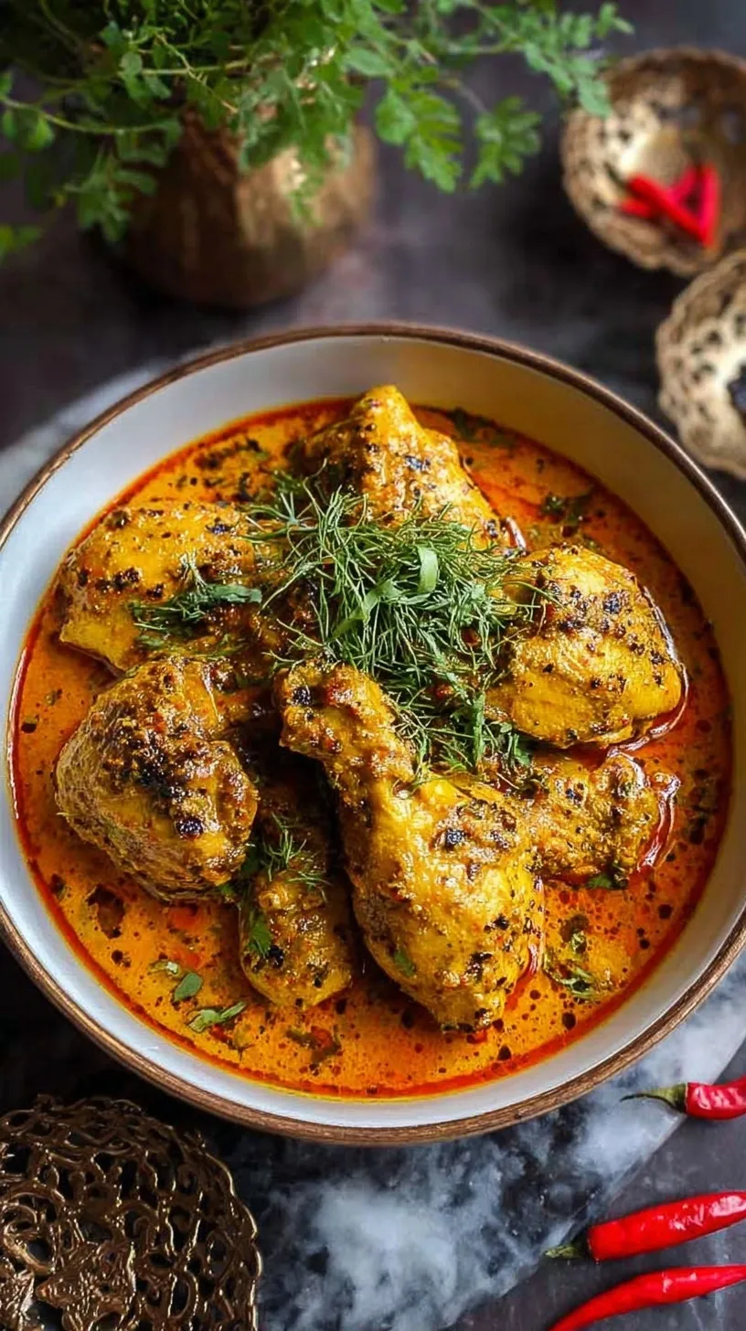 A bowl of creamy Badami Chicken Curry garnished with fried onions and fresh cilantro
