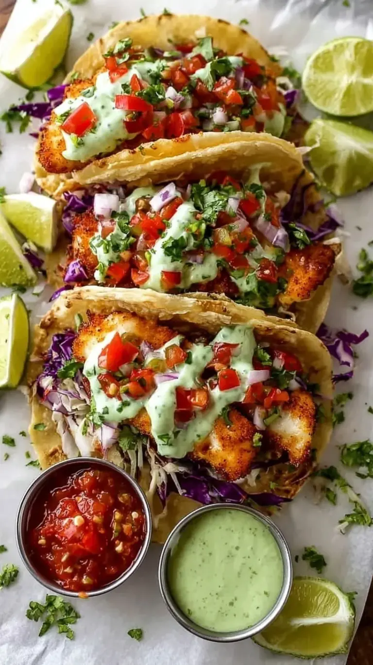 Crispy golden beer-battered fish tacos on corn tortillas with shredded cabbage and lime crema.