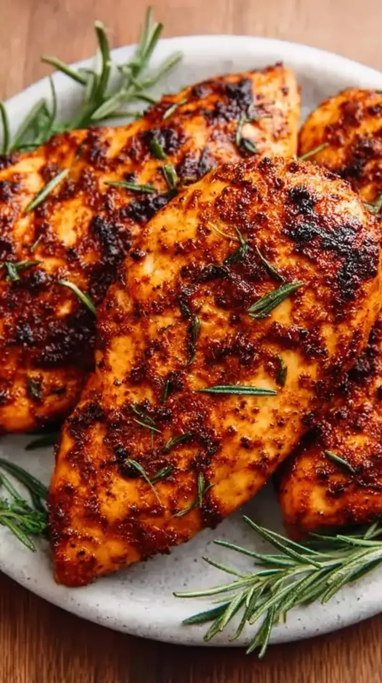 Golden brown baked chicken breasts coated in a caramelized brown sugar glaze on a white serving platter.