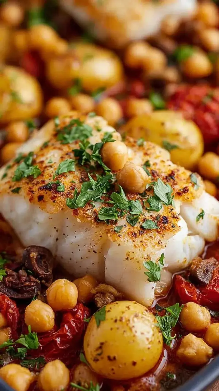 A sheet pan of golden roasted potatoes, crispy chickpeas, and flaky white cod topped with lemon slices and fresh parsley.