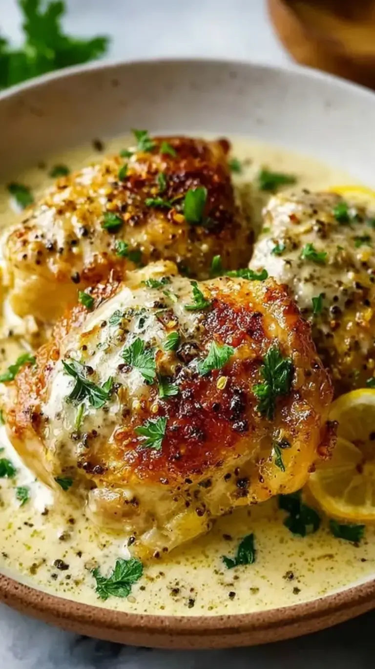 A golden brown Baked Greek Yogurt Chicken breast topped with herbs in a white baking dish.