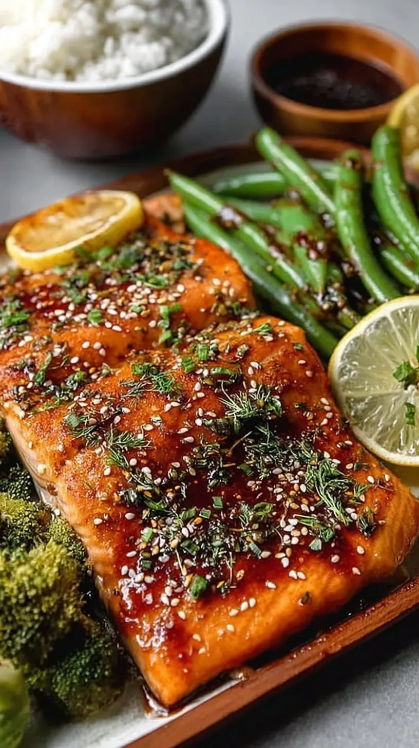 Flaky baked miso salmon fillet garnished with green scallions on a parchment-lined tray